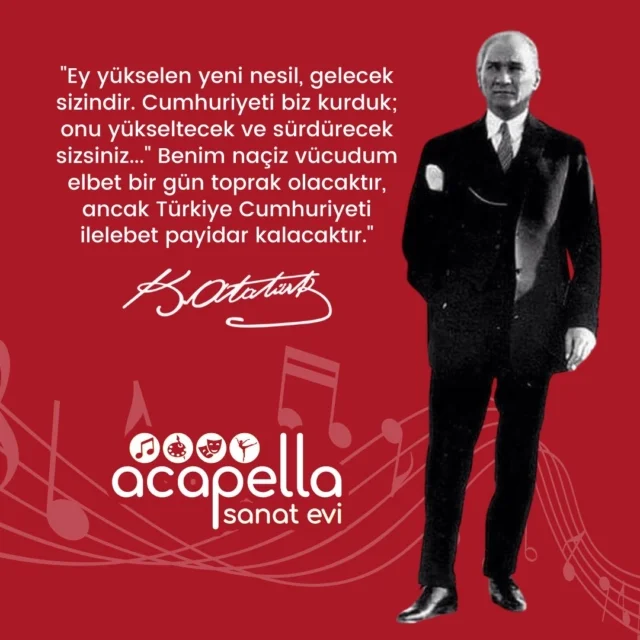 "Ey yükselen yeni nesil, gelecek sizindir. Cumhuriyeti biz kurduk; onu yükseltecek ve sürdürecek sizsiniz..." Benim naçiz vücudum elbet bir gün toprak olacaktır, ancak Türkiye Cumhuriyeti ilelebet payidar kalacaktır." M.Kemal ATATÜRK.

#19mayısatatürküanmagençlikvesporbayramı #acapellasanatevi
